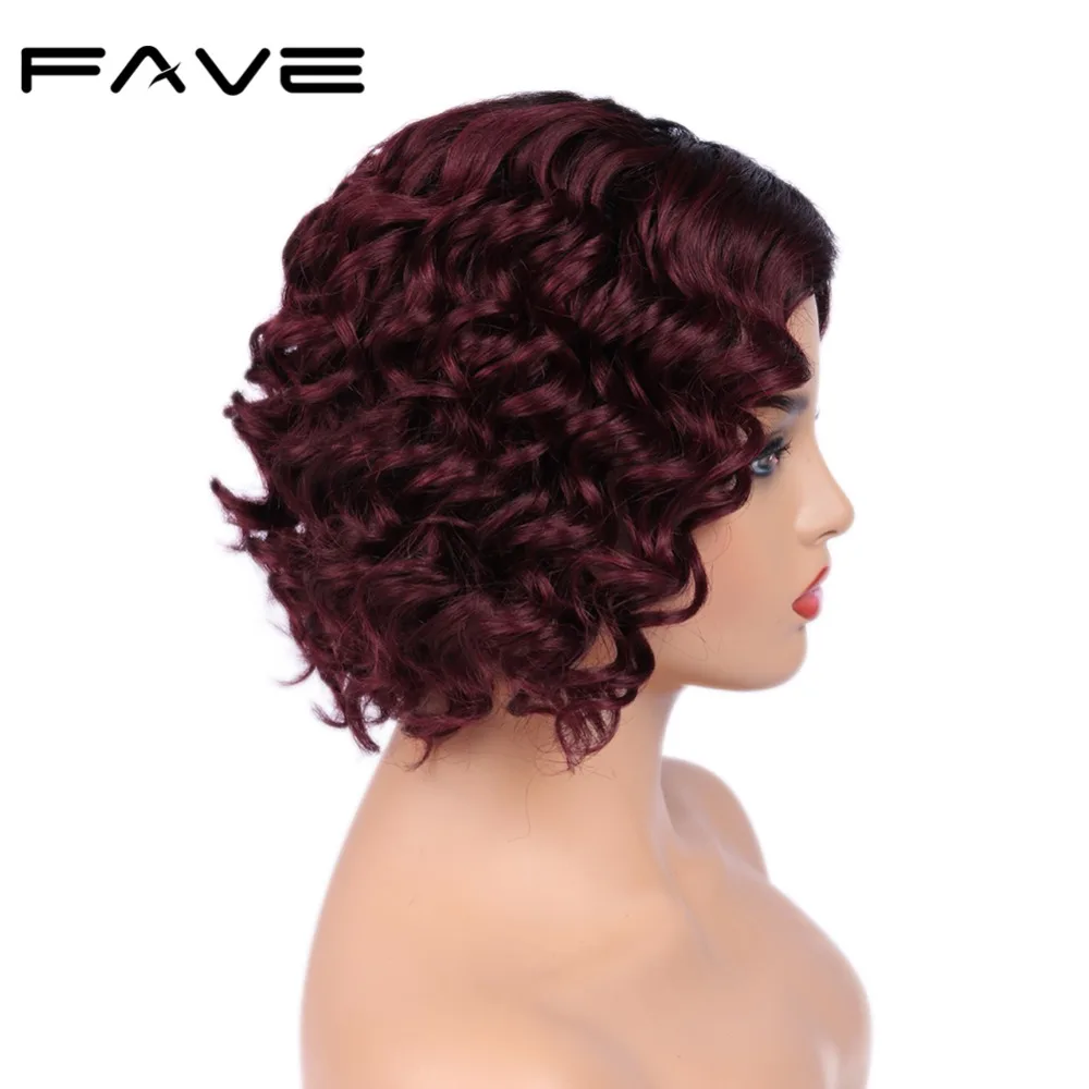FAVE Hair Lace Part Short Curly Peruvian Human Remy Hair Wigs 150% Half Hand Tied TB/Red Wine Color Breathable & Adjustable