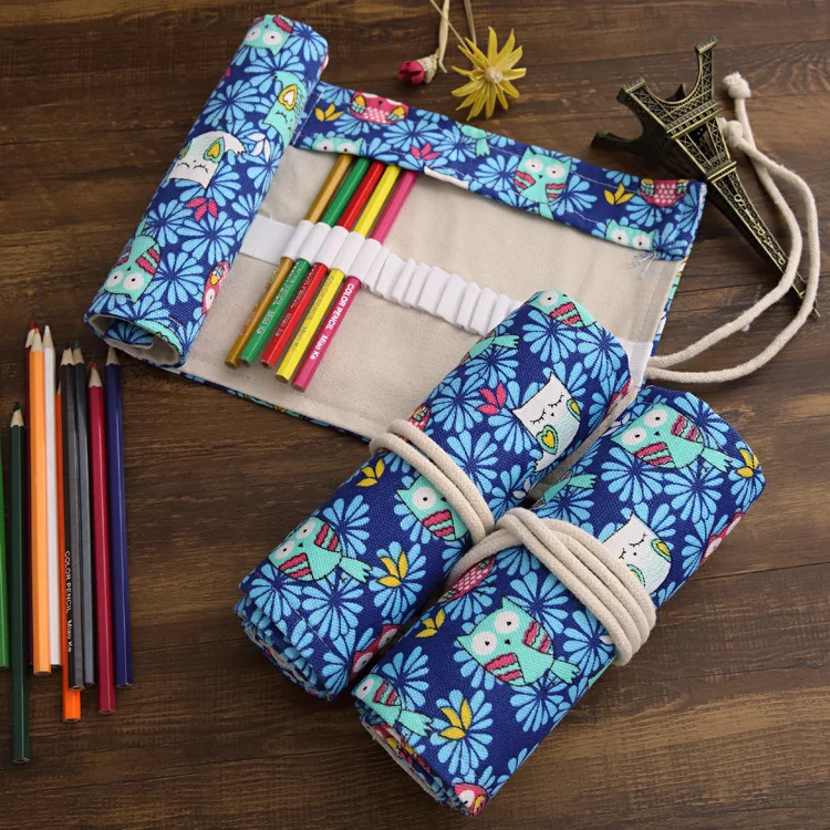

36Holes Owl&Bird School Pencil Case Escolar Estuche Box Stationery Estojo Portable Canvas Pen Roll Up Bag Curtain Pencils