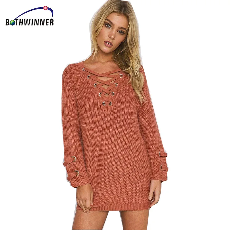 

Bothwinner Lace Up Woman Winter Dress 2017 Knitted Dress Deep V Long Sleeve Women Sweater Dress Sweaters and Pullovers