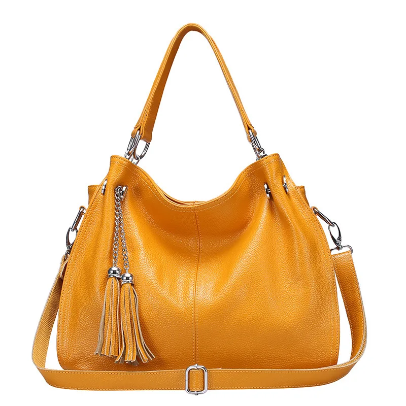 Высококачественная женская сумка из натуральной кожи, повседневная сумка из воловьей кожи с кисточками, женская сумка на плечо, большая ВМЕСТИТЕЛЬНОСТЬ - Цвет: Цвет: желтый