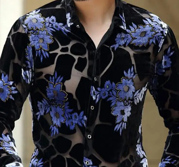 Весна Осень Мода для мужчин цветочный узор с длинным рукавом бархатная рубашка блузка, мужской человек 4xl тонкий горный хрусталь выдалбливают блуз - Цвет: blue