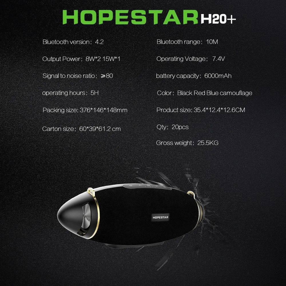 HOPESTAR H20+ EStgoSZ Bluetooth 4,2 Беспроводная Портативная колонка водонепроницаемый мега бас наружный сабвуфер TF USB для зарядки