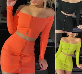 

Summer Sexy Womens Casual Off Shouder Long Sleeve Button Two Piece Crop Top Bodycon Cocktail Party Short Skirt Dress Set