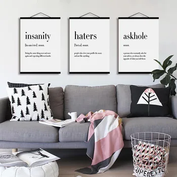 

Black and White Typography Humor Funny Quotes Wooden Framed Canvas Paintings Scroll Wall Art Picture Hanger Posters Home Decor