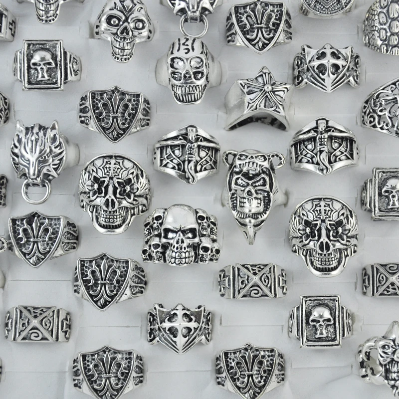 

50Pcs Hot Skull Cross Jesus Vintage Style Silver Plated Men Rings For Man Retro Fashion Wholesale Jewelry Bulks Lots LR183