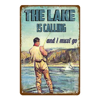 Small Fishing Tin Sign Vintage Style 20cm X 30cm Lake Calling 1