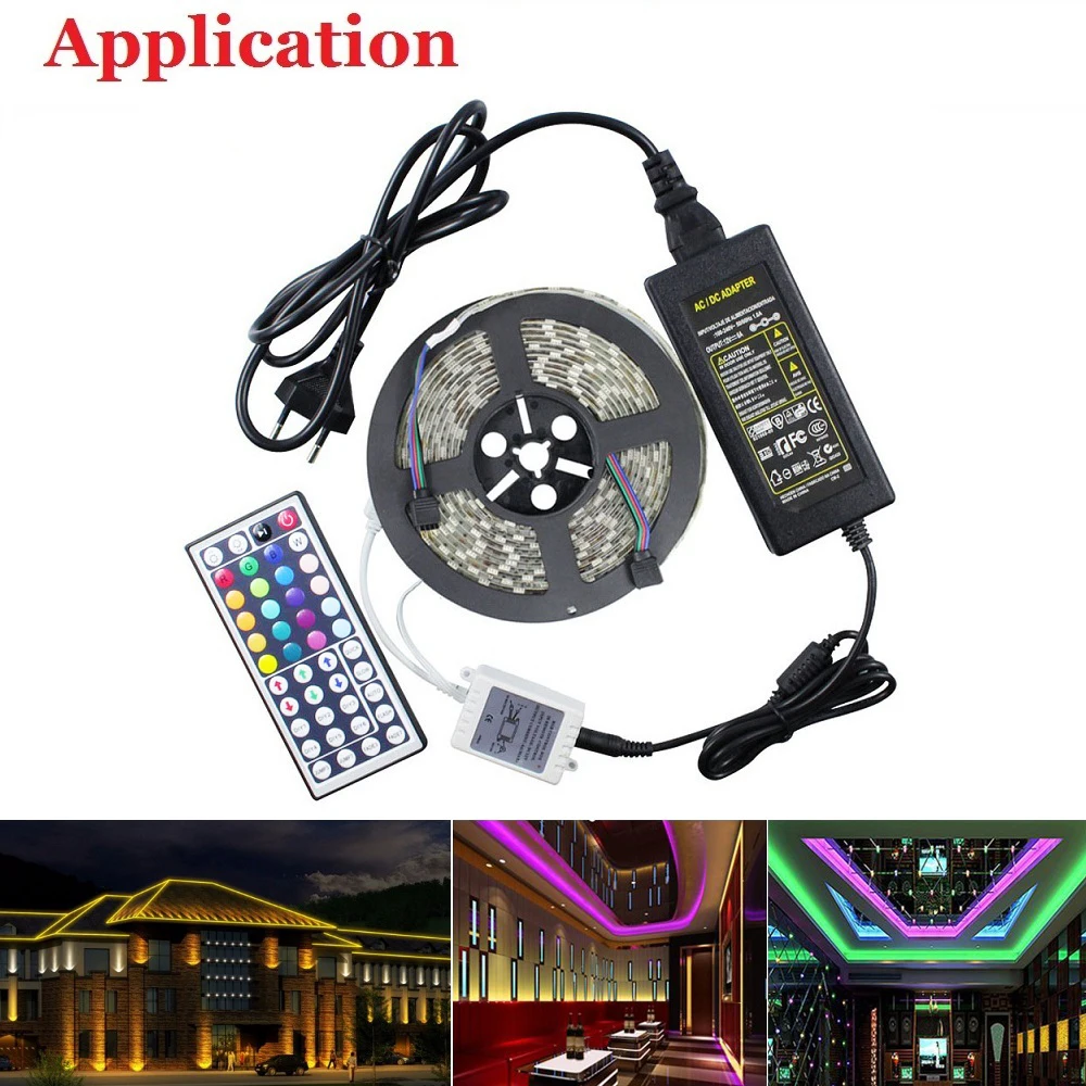

5m/row 60leds/m Led strip Light DC12V SMD 5050 waterproof Flexible RGB+44 key remote control 6A 4Pin 5A Power Adapter EU/US Plug