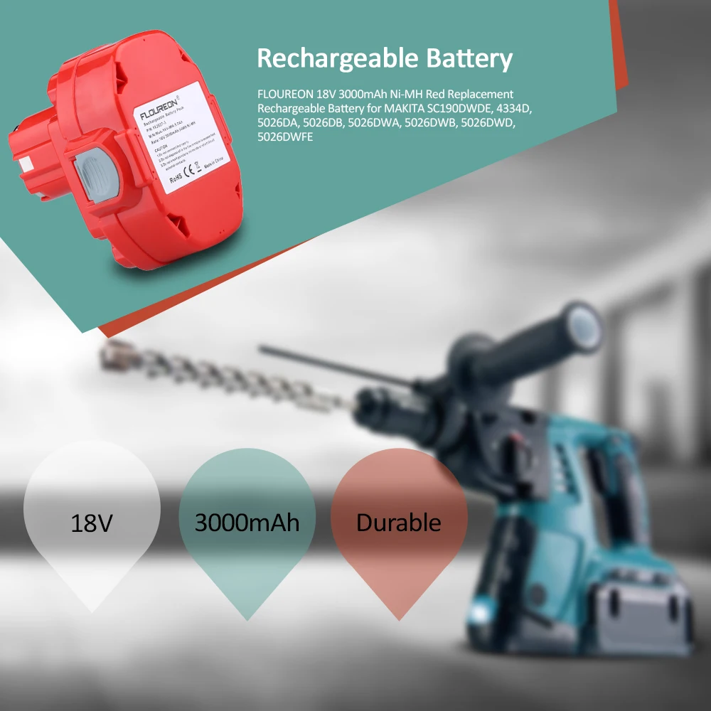 FLOUREON 18V 3000 мА/ч, металл-гидридных или никель Красный Замена Перезаряжаемые Батарея для MAKITA SC190DWDE 4334D 5026DA 5026DB 5026DWA 5026DWB 5026DWD