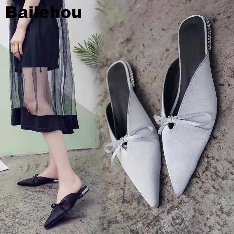 

Bailehou Women Slippers Slip On Slides Summer Brand Sandals Pearl Low Heel Mules Basic Women Flat Shoes Butterfly Knot Slippers
