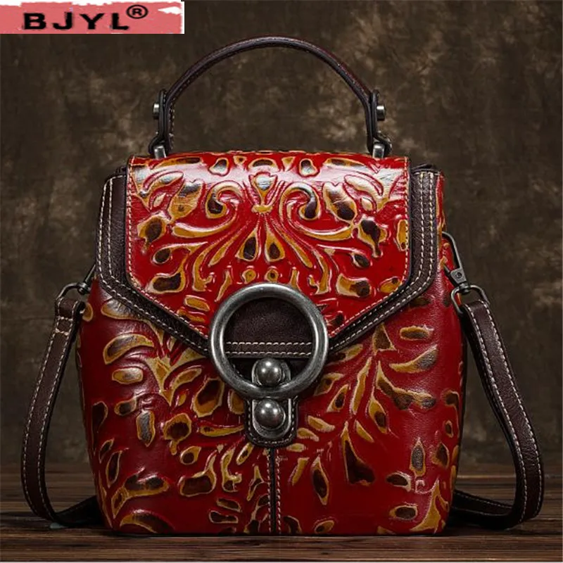 

BJYL 2018 New women backpack Vintage craft fashion flowers shoulder bag embossed female cow leather backpacks