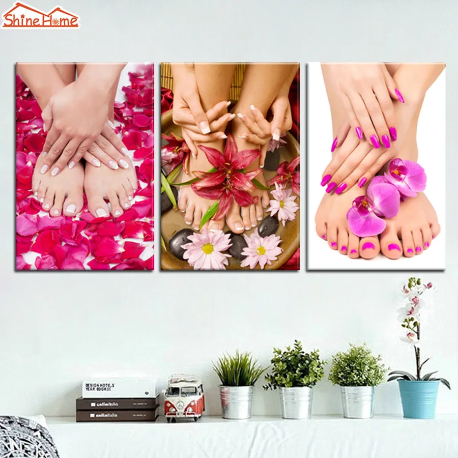 

ShineHome-3pcs Canvas Colorful Modular Wall Painting Printing Yoga Spa Salon Nail Body Massage Art Prints Hands Feets Picture