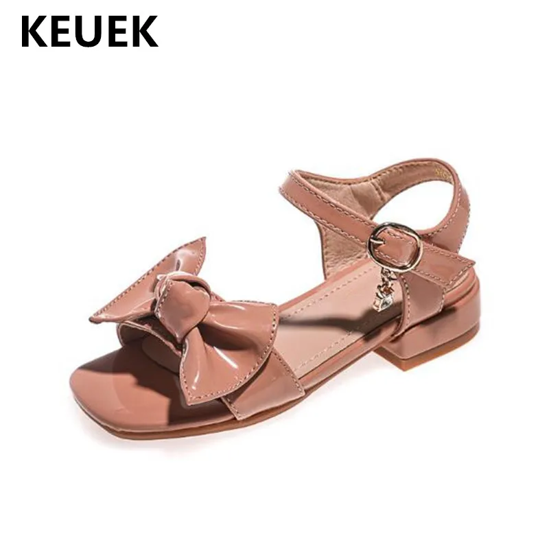 

New Children Sandals Girls Shoes Patent Leather High heel Summer Sandals Baby Student Performance Princess Bowtie Shoes Kids 018