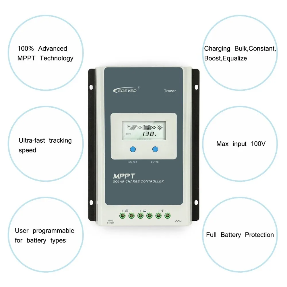 Online Controlador de cargador EPever Solar MPPT LCD 10A 20A 30A 40A regulador Solar 12V 24V para baterías de litio de inundación de sello de Gel de plomo ácido