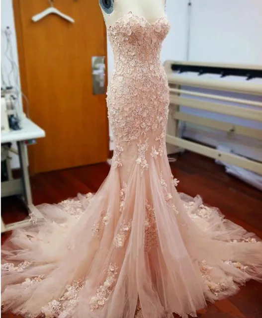 White Blush Pink Wedding Dress Mermaid Sweetheart Lace Liques White Blush Pink Wedding Dress Mermaid Sweetheart Lace Liques Tulle Bridal Long Sleeve