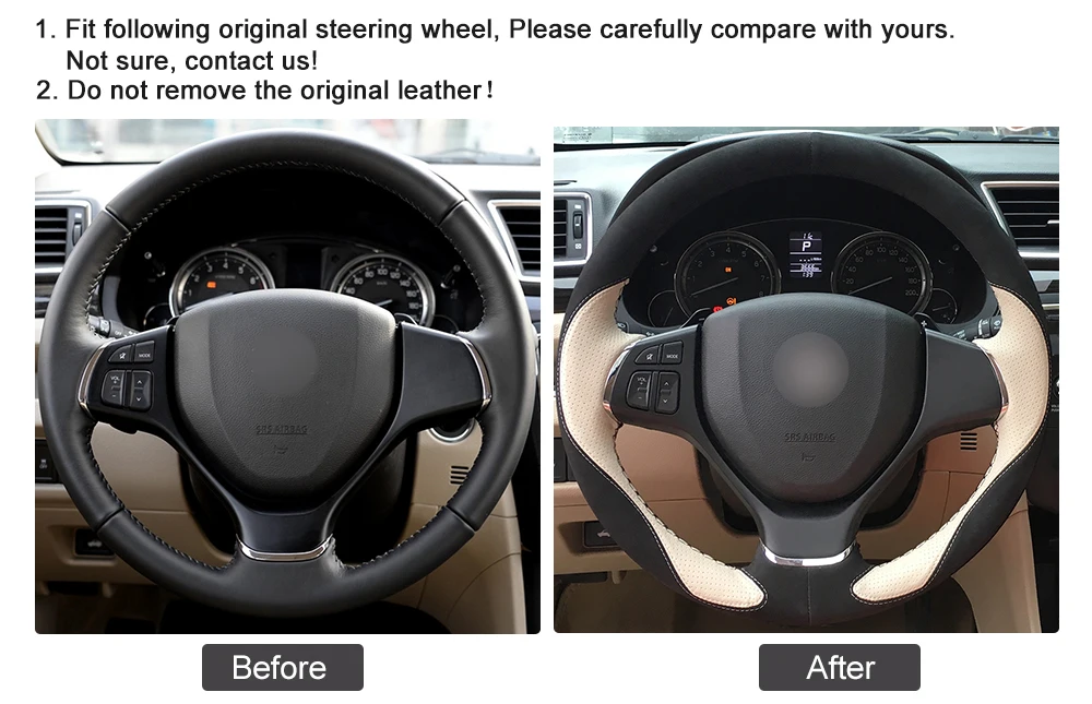 Hand-stitched Black Suede Beige Leather Car Steering Wheel Cover for Suzuki Baleno- Alivio