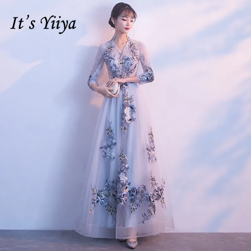 

It's YiiYa Evening Dress Elegant Embroidery Flowers Tulle Illusion Long Sleevel Zipper Floor-length Formal Gowns LX012 In Stock