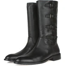 Качественные черные мужские зимние сапоги до колена на молнии; ботинки в байкерском стиле из натуральной кожи; мужские ботинки с пряжкой