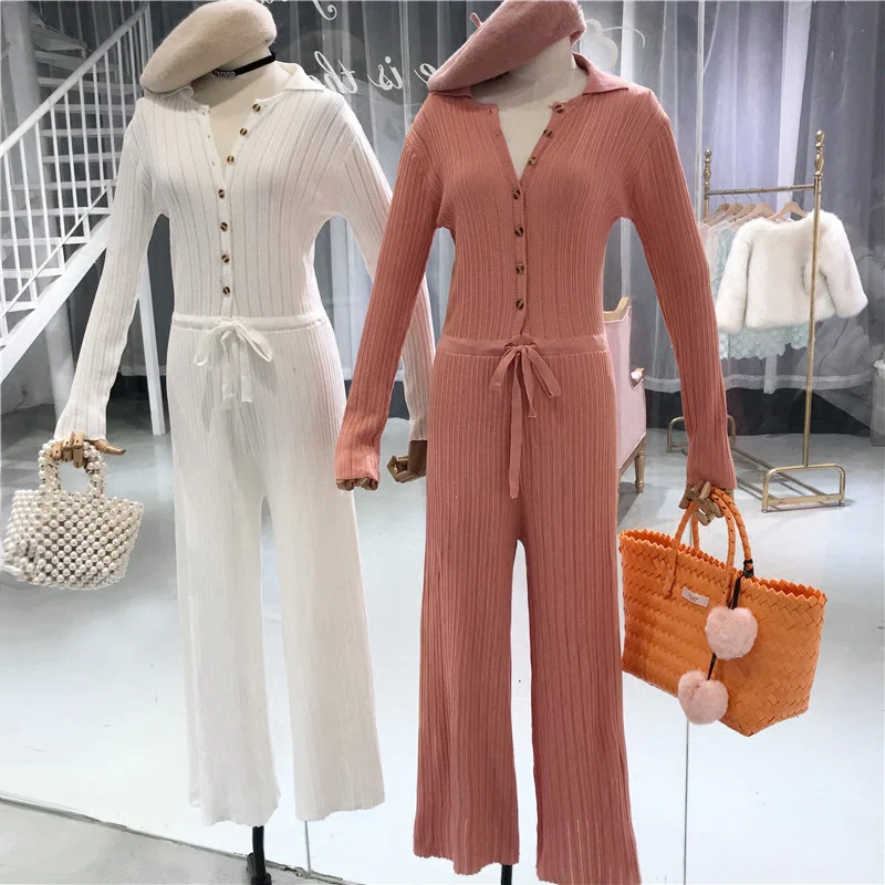 

Amolapha Women Knitted Jumpsuits Long Sleeve Single Breasted Laced Costumes Female Woman Casual Solid Jumpsuit