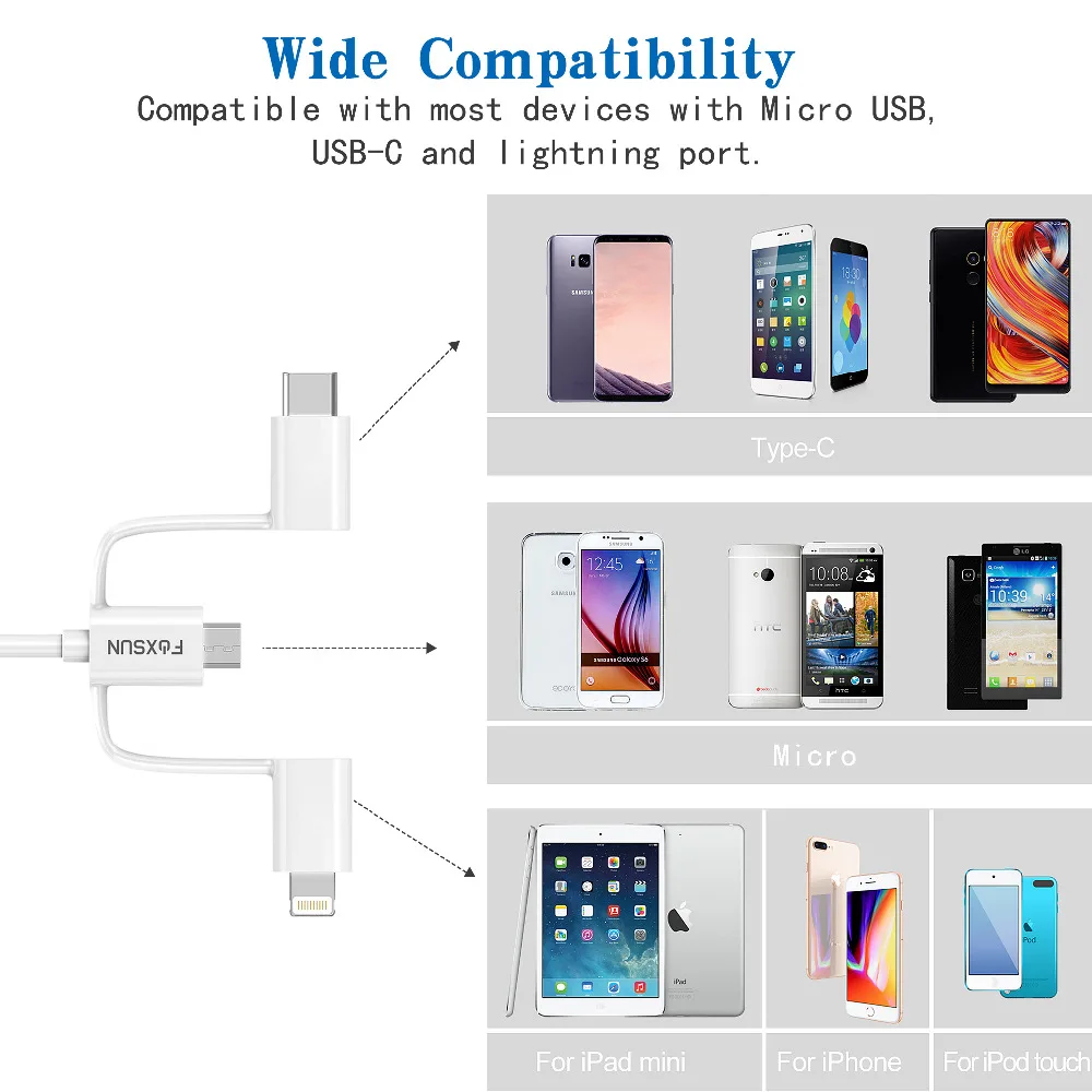 USB кабель Foxsun 3 в 1 для iPhone зарядный Micro Type C Samsung S8 Lightning 8 Pin синхронизации данных 2