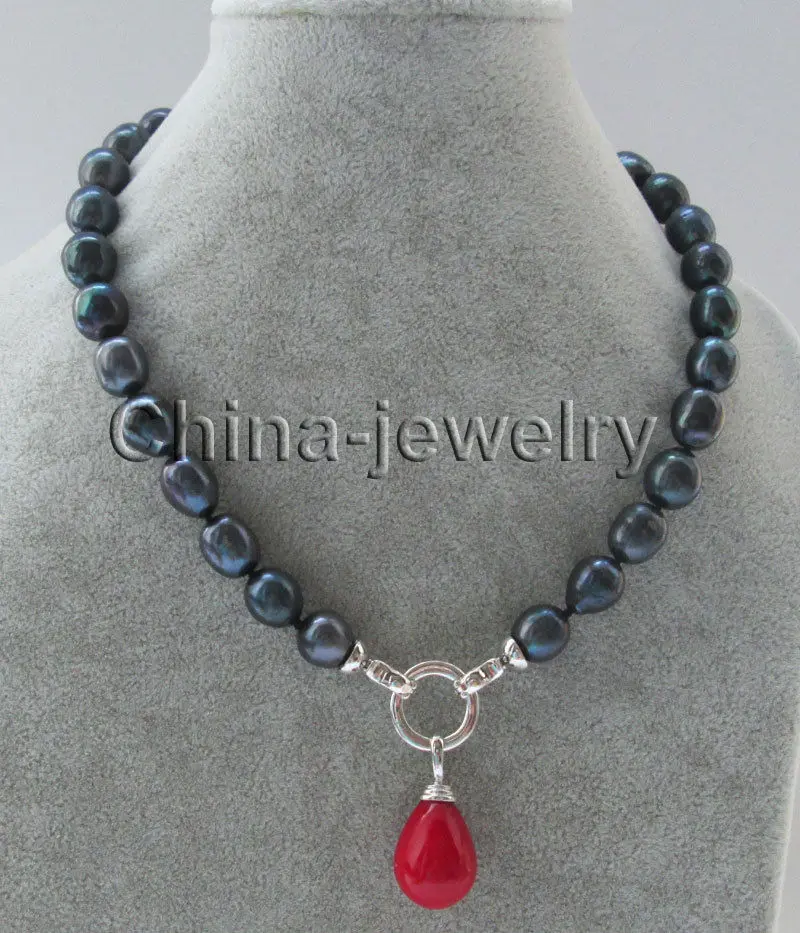 

Free shipping >>>>>AAA 17.5" 12-14mm natural black rice shape freshwater pearl necklace + 20mm red