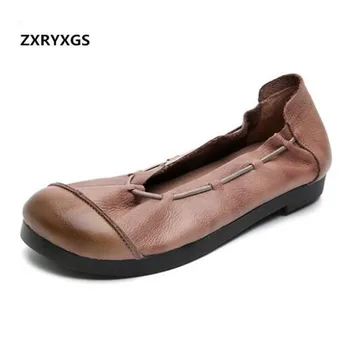 

ZXRYXGS Round Head Retro 100% Natural Full Genuine Leather Shoes Woman Flats 2019 New Soft Comfort Spring Shoes Casual Shoes