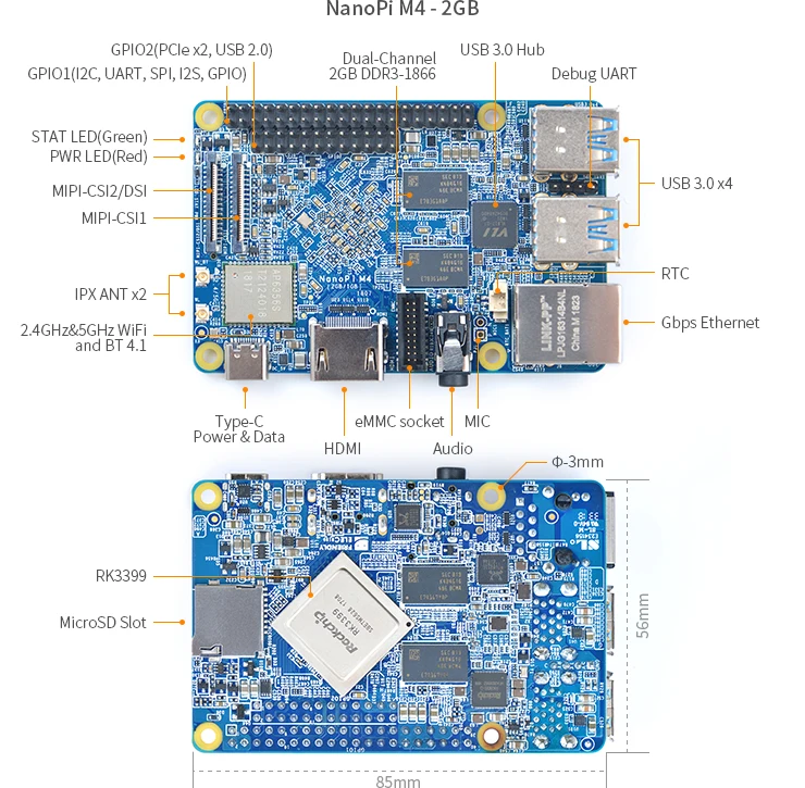 RealQvol FriendlyARM NanoPi M4 2 ГБ/4 ГБ DDR3 Rockchip RK3399 SoC 2,4G и 5G двухдиапазонный WiFi+ Bluetooth 4,1 поддерживает Ubuntu Android