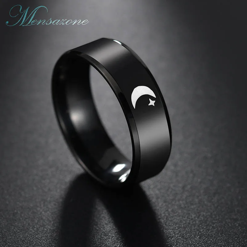 

MENSAZONE Stainless Steel 8MM Wide Moon Star Signet Ring Black Color Polished Simple Couple Rings For Lovers Gift