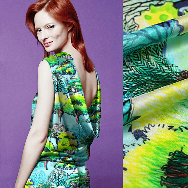 

108CM 19MM Green Trees Print 94% Silk & 6% Spandex Strech Silk Satin Fabric for Women's Blouse Dress Clothing Cheongsam DE741