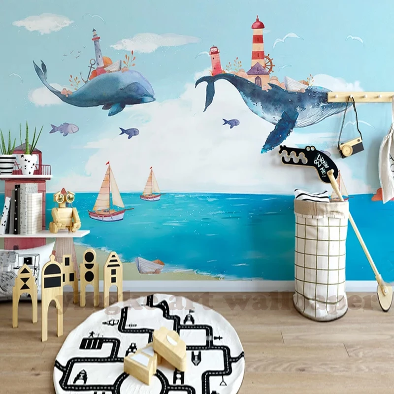 

Photo Wallpaper North Europe watercolour meditherranean sea whale Living Children's Room TV Background 3D Mural Wallpaper