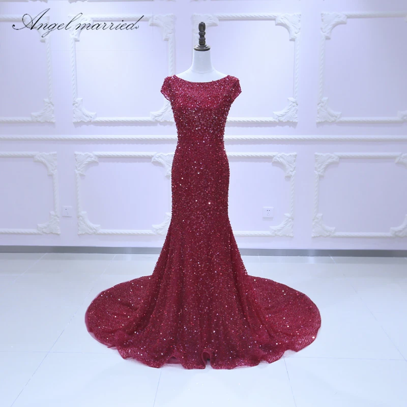 

Angel married luxury evening dresses 2018 NEW Burgundy slim Prom Dress beading women pageant dress formal party vestido de festa