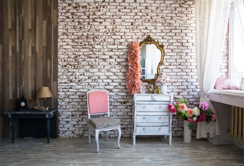 

Laeacco Princess Backdrops Old Gray Brick Wall Dress Table Mirror Window Curtain Flower Interior Photo Backgrounds Photo Stuido
