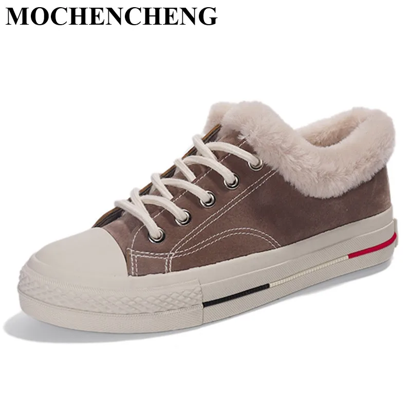 Winter Women Cotton Shoes Warm Fleeces Lace up Canvas Shoes Low Top Sneakers with Fur Fashion