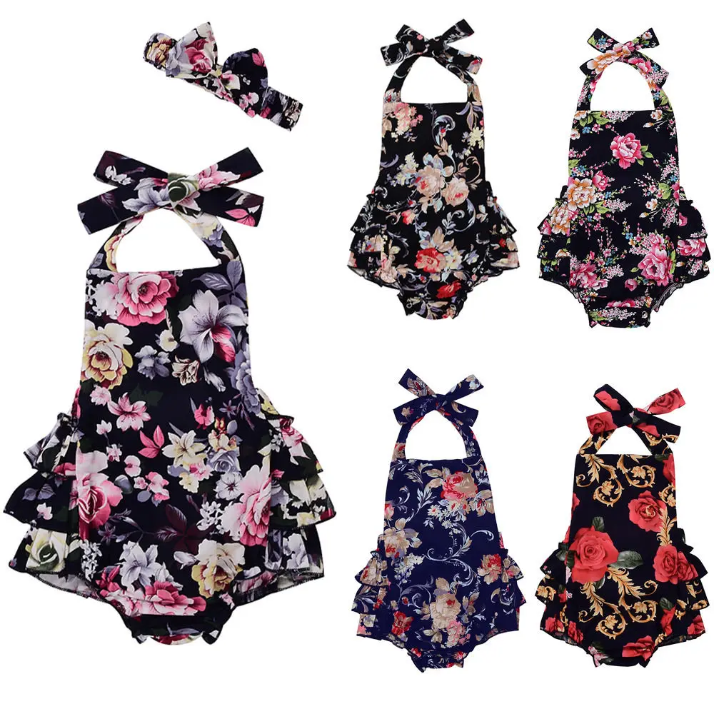 Multi style Babies Summer Halter Floral Headband Bodysuit Cute Baby