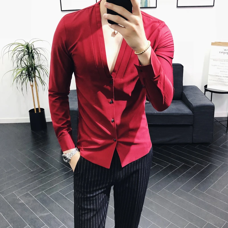 2018 Korean Style Men's Shirt Long Sleeve Slim Fit Sexy Shirts Man Deep V-Neck Red Black White Stretch Social Casual Shirts Men 