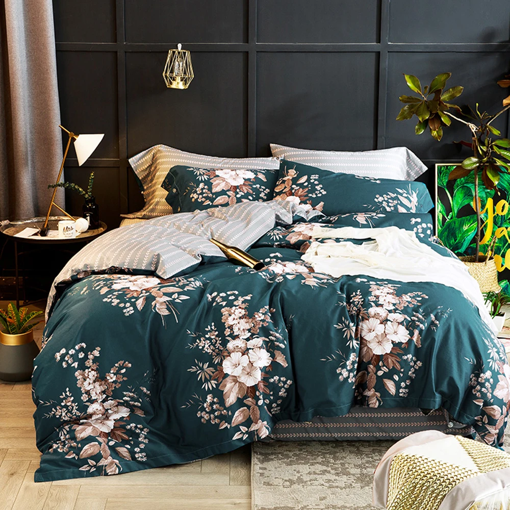 

2018 Brown Flowers Dark Green Bed Cover Soft Egyptian Cotton Bedlinens Queen King Duvet Cover Set Sheet Pillowcases