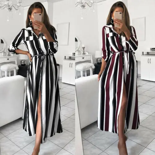 

Women Colourful Striped Long Maxi Button Shirt Dress Evening Party Long Sleeve Summer Loose Beach Elegante Long Dresses