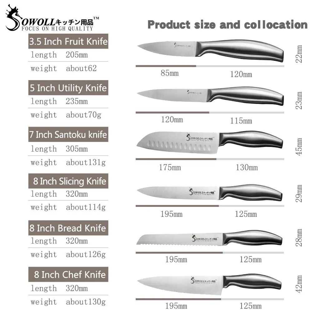 Sowoll кухонные ножи из нержавеющей стали " Подставка для ножей для фруктов, овощей, мяса, рыбы 3,5" " 7" " 8" " дюймов набор ножей