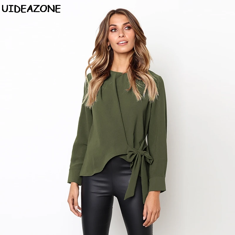 

2019 Autumn Blouse Women Army Green Long Sleeve Shirts O-neck Irregular Bow Tops Shirt Casual Vintage Cloth Tees Femme Plus Size