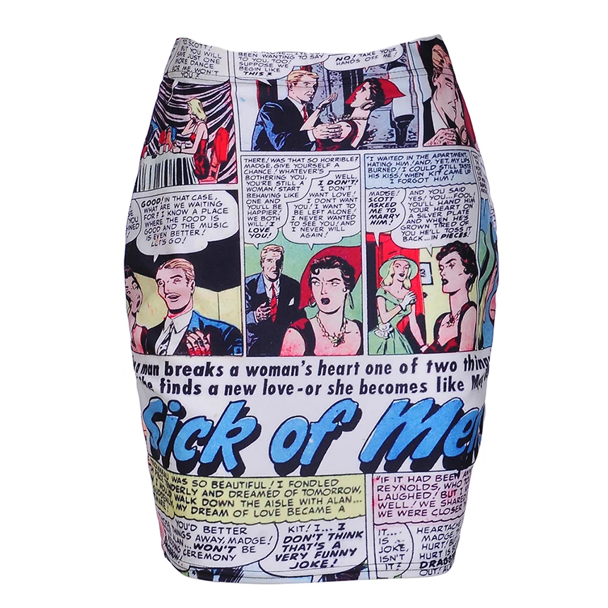 Summer Vintage Newspaper Letters Comic Printed Pencil Skirt Women Mini