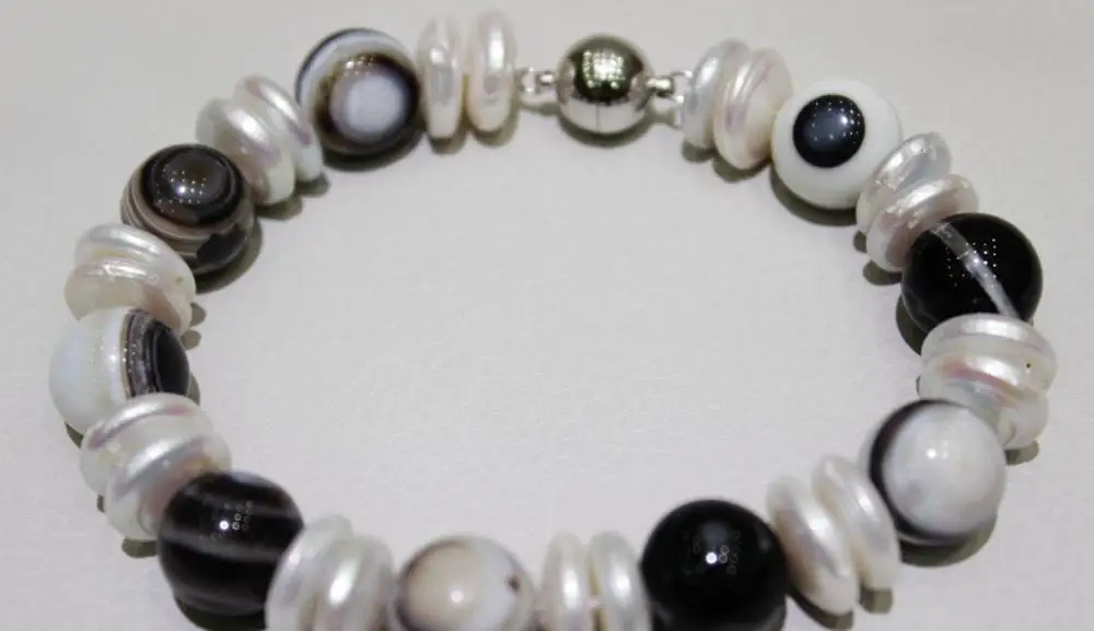 

12mm Agate 11.5mm white coin freshwater pearl Bracelet 8.5INCH >>-hot