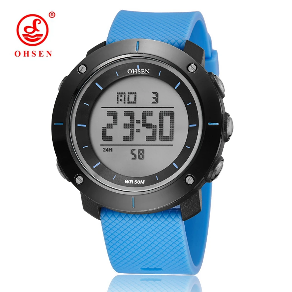 

New OHSEN LCD Men Watches relogio digital masculino Gifts 50M Waterproof Rubber Strap Blue Fashion Outdoor Sport Wristwatches