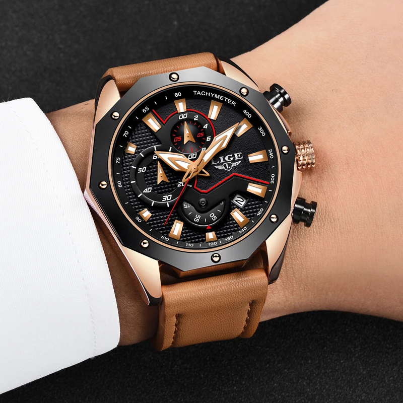 LIGE Mens Watches Top Brand Luxury Men's Military Sports Quartz Watch Men Casual Leather Waterproof Wristwatch Relogio Masculino