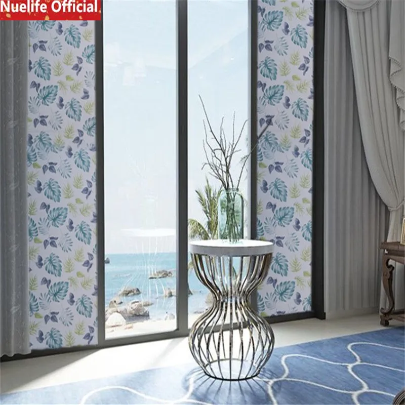 Us 17 01 10 Off Blue Leaf Pattern Electrostatic Frosted Glass Film Kids Room Bathroom Bedroom Living Room Shop Sliding Door Window Glass Film In