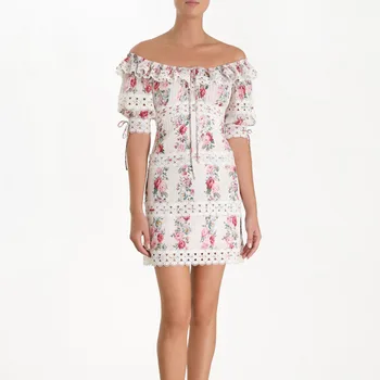 

Australia Designer Brand Dress for Women Sexy Hollow Out Crocheted Slash Neck Lantern Sleeve Lace Floral Print Mini Dress Party