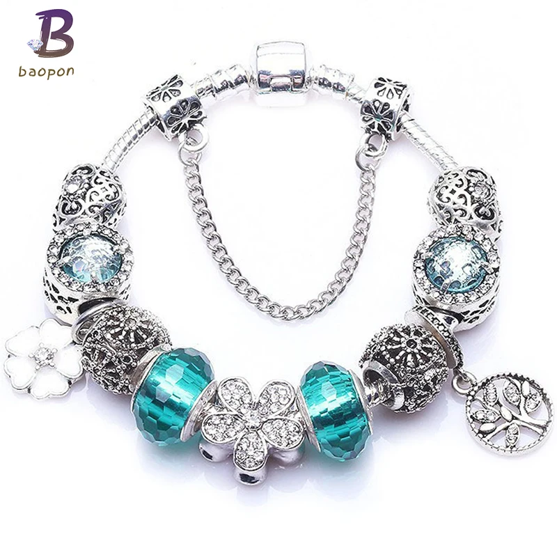 

BAOPON European Style Vintage Silver plated Crystal charm Bracelet Women Original DIY Beads Jewelry Gift BR002