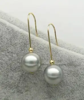 

free shipping>>>>noble jewelry 9.5-10mm Natural Color Real Tahitian Pearl Hook Drop Earrings 14k Yellow Gold