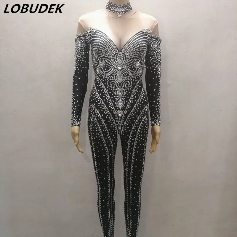 

Luxury Glitter Rhinestones Black Skinny Jumpsuit Women Singer Dancer Bar Nightclub Costume Birthday Party Performance Leotard