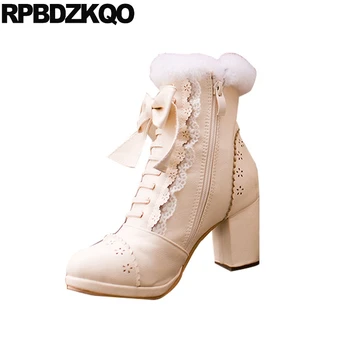 

Fur Cute Short Chunky Shoes Pink Ankle Bow Brogue Lolita Round Toe Women High Heel Lace Up Winter Furry 2018 White Wedding Boots