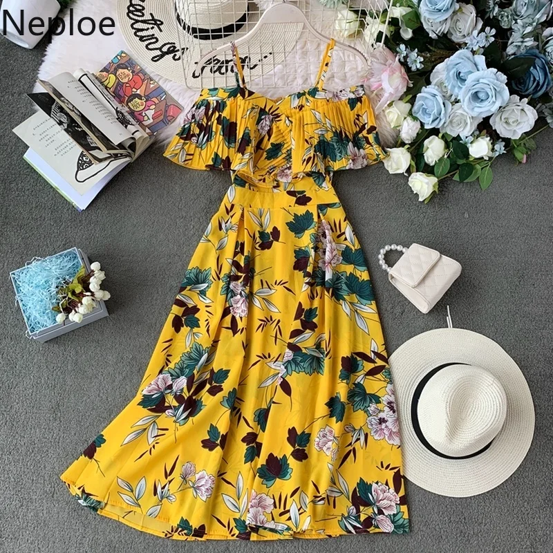 

Neploe Floral Print Women Dress New Slash Necj Sleeveless Camis Vestido Summer 2019 Sexy Korean Backless Female Dresses 44533
