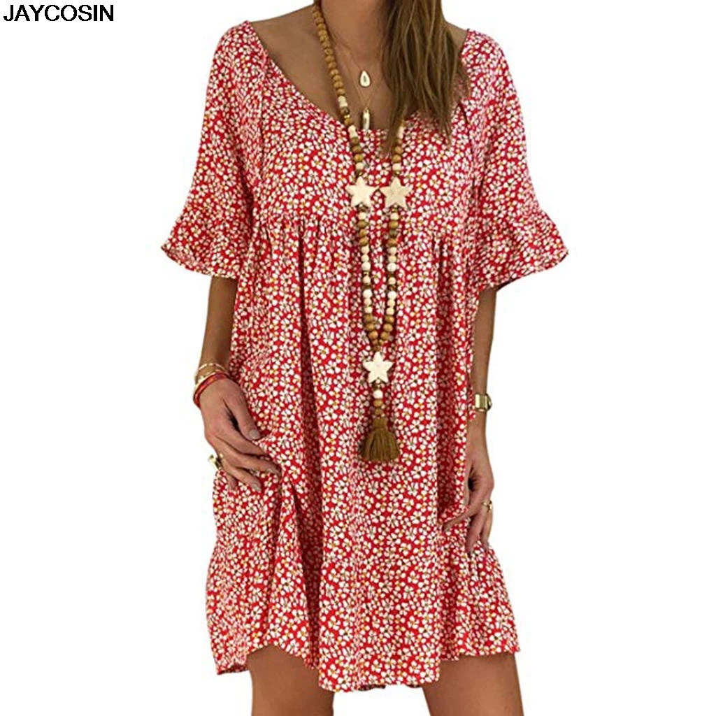 

JAYCOSIN dresses summer Women Ladies Round Neck Ruffle Short Sleeve Print Chiffon Loose Dress CLOTH Princess Sling hot sale 9510